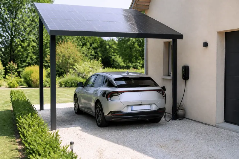 Carport une place couvert de panneaux solaires, voiture électrique branchée sur une borne