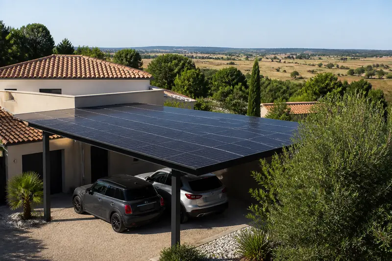 Carport deux places en bois couvert de panneaux solaires sur un terrain dégagé